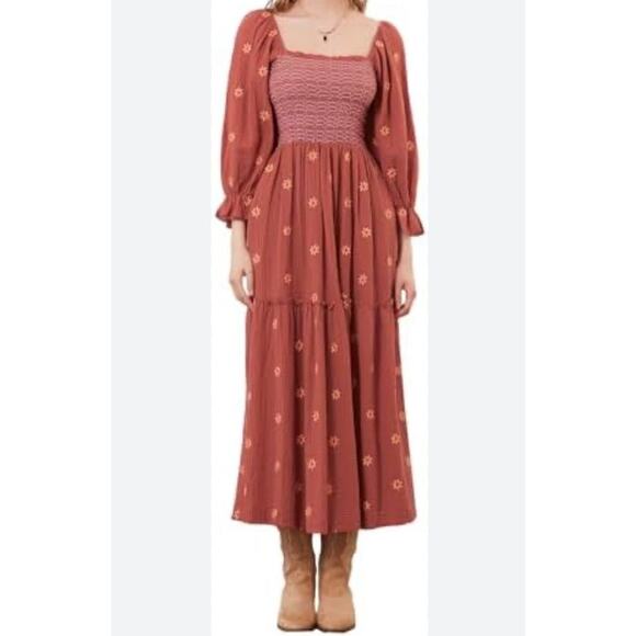 Boutique Boho Smocked Bodice Long Sleeve Maxi Dress in Rust Size Medium - Picture 1 of 9